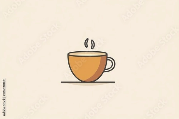 Fototapeta A minimalist illustration of a steaming cup of coffee made with smooth vector lines. The cup is placed centrally on a light beige background. The color scheme uses earthy browns and creamy whites.