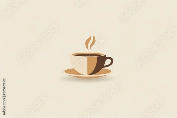 Fototapeta A minimalist illustration of a steaming cup of coffee made with smooth vector lines. The cup is placed centrally on a light beige background. The color scheme uses earthy browns and creamy whites.