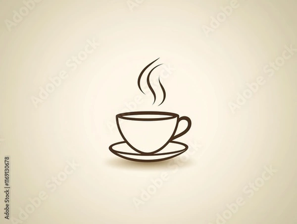 Fototapeta A minimalist illustration of a steaming cup of coffee made with smooth vector lines. The cup is placed centrally on a light beige background. The color scheme uses earthy browns and creamy whites.