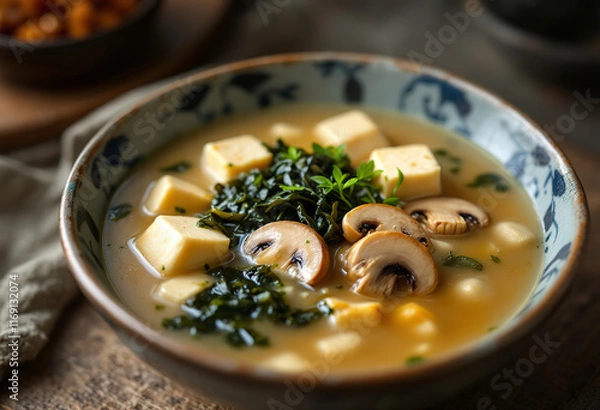 Fototapeta a bowl of creamy miso soup with visible tofu cubes, mushrooms, and seaweed