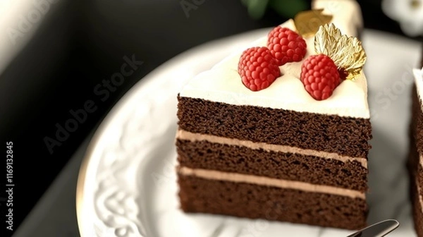Fototapeta A close-up of a luxurious three-layer chocolate cake topped with a velvety ganache, fresh raspberries, and gold leaf accents. The cake sits elegantly on a vintage ceramic plate with ornate designs, 