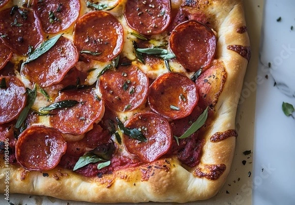 Fototapeta Delicious Pepperoni Pizza with Fresh Basil and Golden Crust, Perfectly Baked with Mouthwatering Toppings, Ideal for Food Lovers and Culinary Enthusiasts