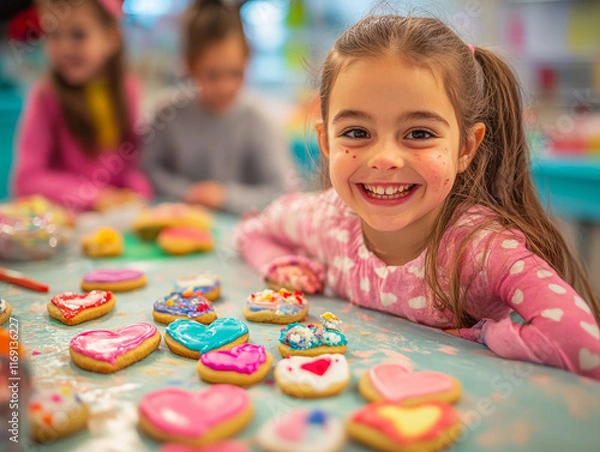 Fototapeta Children creating edible art by decorating heart-shaped cookies in an artistic setting.