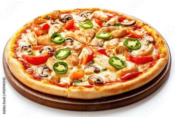 Obraz Freshly baked pizza topped with chicken, mushrooms, bell peppers, jalapeños, and melted cheese on a wooden serving board