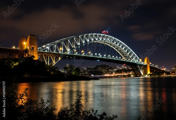 Fototapeta A large illuminated bridge arching over a body of water at night, with the bridge's reflection visible in the calm waters below