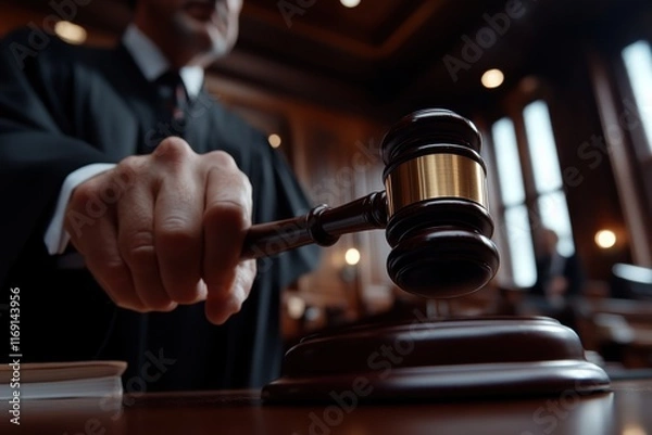 Fototapeta A serious courtroom scene captures a judge in action, emphasizing the authority and responsibility held by the judicial system in upholding justice and order.