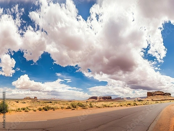 Obraz A panoramic shot of a long, empty highway stretching into the desert horizon under a dramatic sky with towering cumulonimbus clouds.