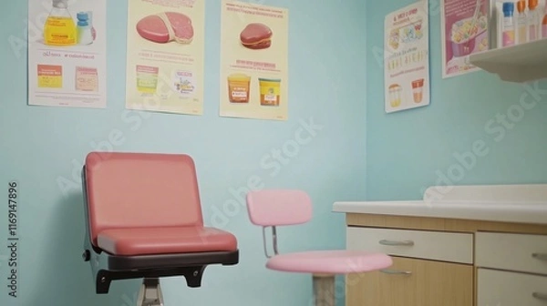 Fototapeta Empty pediatric clinic featuring vaccination posters, conveying a message of preparedness and public health awareness in a serene and hygienic environment.