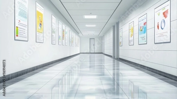 Fototapeta Empty pediatric clinic featuring vaccination posters, conveying a message of preparedness and public health awareness in a serene and hygienic environment.