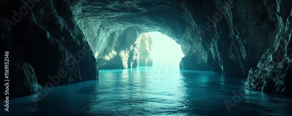 Fototapeta enchanted sea cave with an impressive coastal gateway, shimmering turquoise waters and intricate rock formations lighting up the cave