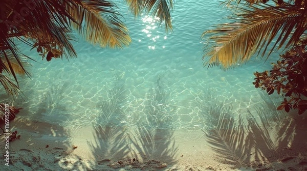 Fototapeta Stunning view of a tranquil beach with clear water and lush palm trees during a sunny day