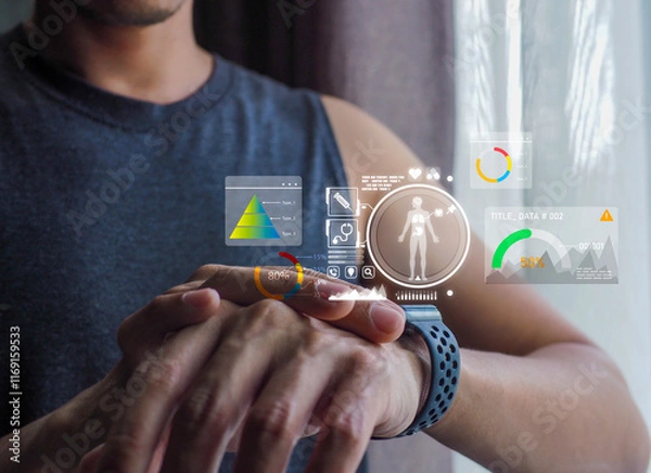 Obraz The men wearing a smart watch displays futuristic health data through an AI-powered interface, showing vital stats, medical info, and performance analytics in a sleek digital overlay.