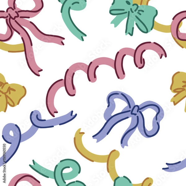 Obraz Seamless pattern of various bows, gift ribbons, bowknots in cartoon style. Present wrapping decoration ornament. Vector design for holiday.