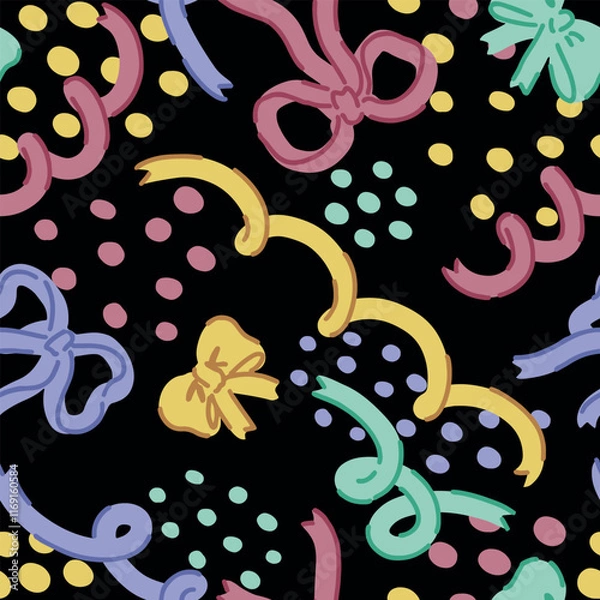 Obraz Seamless pattern of various bows, gift ribbons, bowknots in cartoon style. Present wrapping decoration ornament. Vector design for holiday.