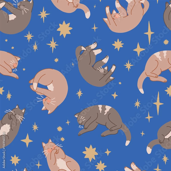 Obraz Seamless pattern of cute sleeping cats and stars. Pet animals, kitten ornament. Flat vector illustration.