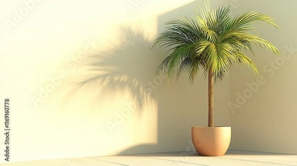 Fototapeta A potted palm tree casting a shadow in a minimalist setting.