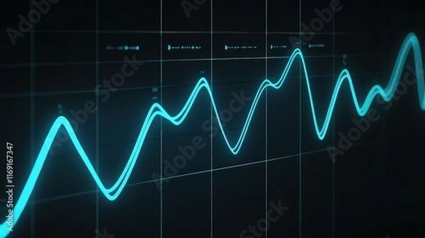 Fototapeta A minimalist audio graph with precise, neon blue waveforms on a dark background. Each peak and valley is sharp and defined, representing high-quality sound frequencies in a clean, modern style.