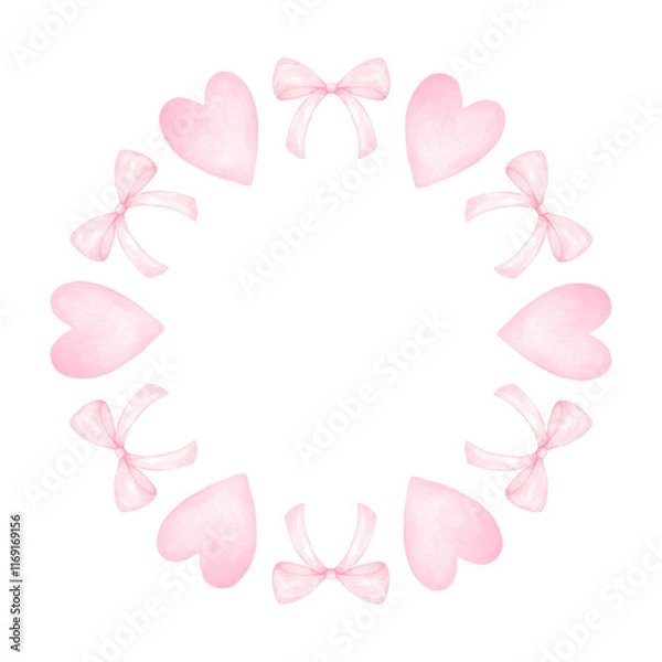 Fototapeta heart, bow. Watercolor round frame template in pastel colors for textile and wrapping paper. Cute watercolor illustration for Valentine's Day