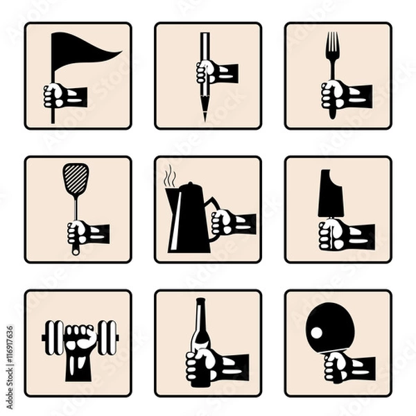 Obraz Set hands with various household items. Retro styled vector icons.