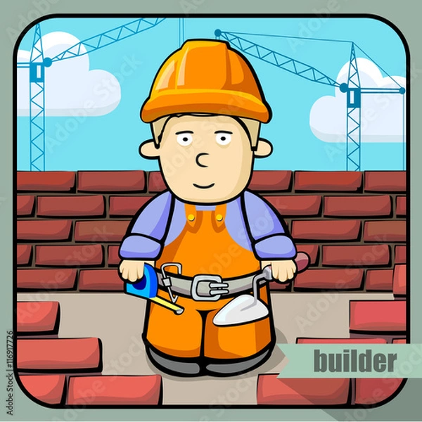 Obraz Vector person character portrait. Builder portrait isolated on unpainted fence background. Cartoon style. Human profession icon.