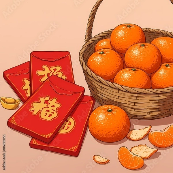 Obraz Chinese new year theme illustration red packets gold ingots mandarin oranges celebration