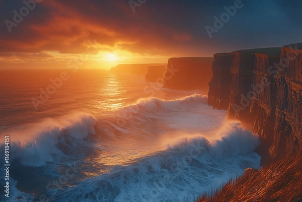 Fototapeta Dramatic sunset over the Cliffs of Moher with crashing waves and vibrant clouds