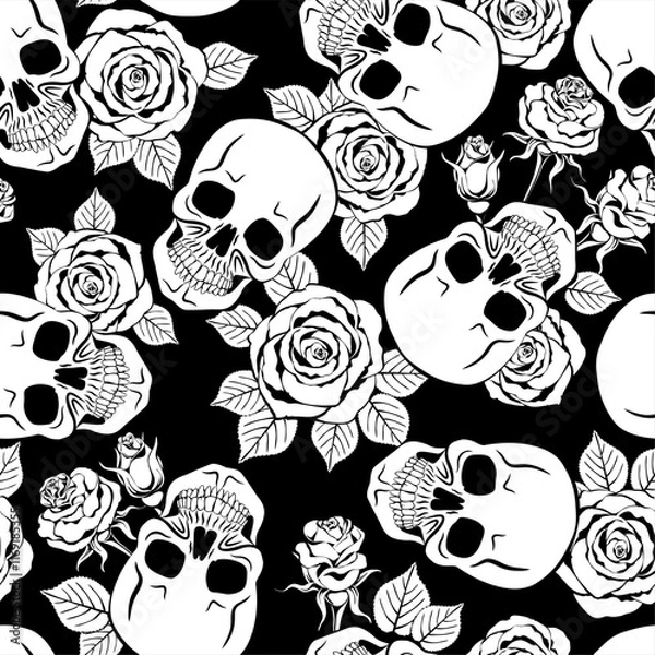 Fototapeta skulls and roses.Seamless pattern. Texture for fabric, wrapping, wallpaper. Decorative print. Vector illustration