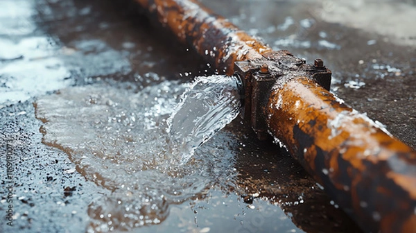 Fototapeta Water leaks from rusty pipe onto concrete surface causing pooling and potential damage