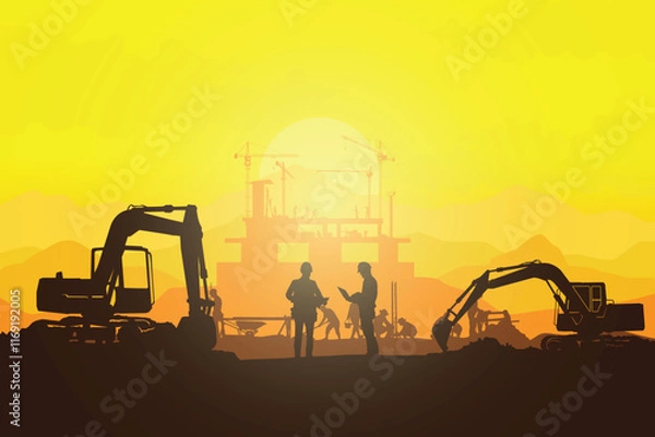 Fototapeta Construction vector background, Worker in a building site, Labour day background.	