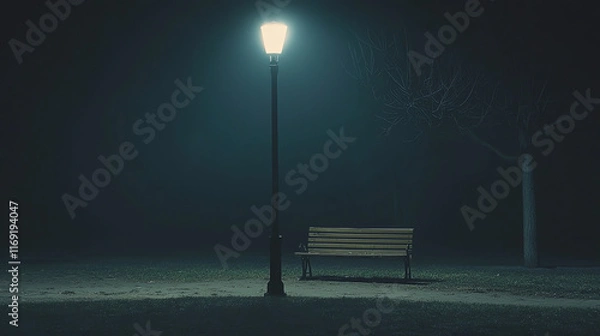 Fototapeta Lonely bench under a streetlight in a quiet park during a foggy night