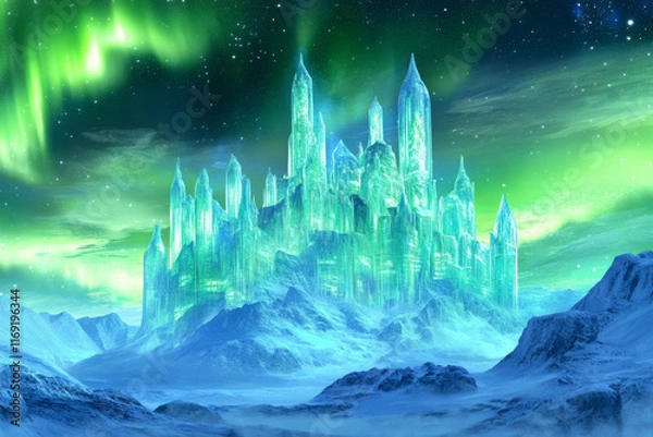 Fototapeta A splendid visualization of a floating ice castle against vibrant northern lights, ideal for creative campaigns.