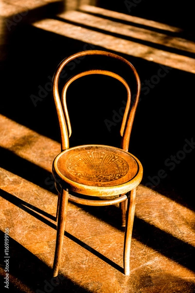 Fototapeta Elevated view of an old vintage cafe chair in a large empty room, with morning sunlight coming in through the windows and creating long dark shadows on floor.