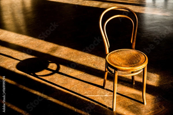 Fototapeta Elevated view of an old vintage cafe chair in a large empty room, with morning sunlight coming in through the windows and creating long dark shadows on floor.