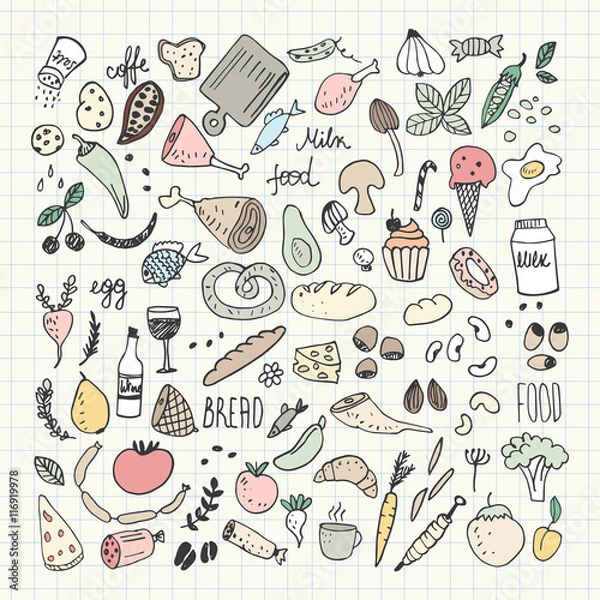 Obraz Food doodles collection. Hand drawn vector icons. Freehand drawing