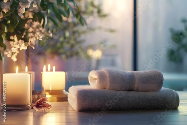 Obraz Relaxing ambiance with candles and towels in a serene indoor setting for wellness