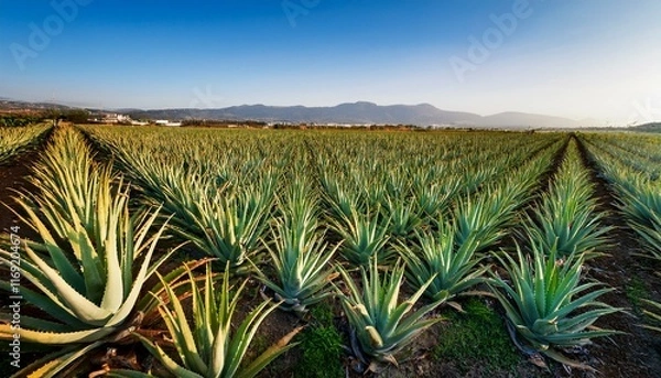 Obraz Vast aloe vera plantation under a clear sky. Rows of healthy plants stretch towards distant mountains.