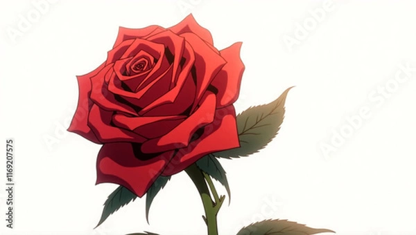 Fototapeta A full, single red rose on a white background