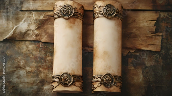 Fototapeta Two aged parchment scrolls ready for writing. ideal for invitations, certificates, or artistic presentations. Parchment. Illustration