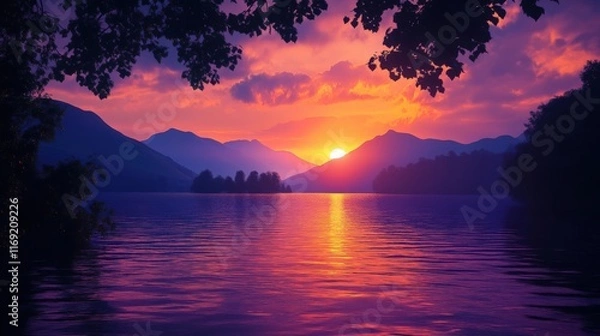 Fototapeta Majestic Sunset Over Serene Lake and Mountains, Blending Colors of Purple and Orange