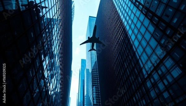 Obraz airplane flying over the modern city