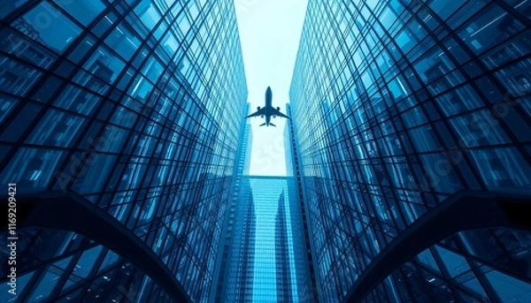 Obraz airplane flying over the modern city