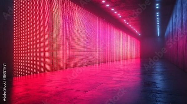 Obraz A Long, Red-Lit Hallway with a Reflective Floor