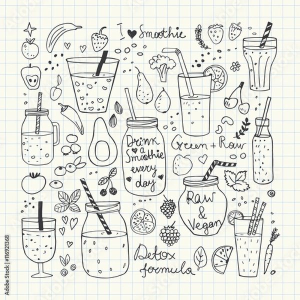 Obraz Smoothie and Raw food collection. Hand Drawn vector doodles