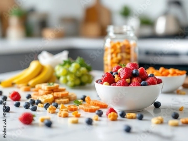 Obraz A close-up view of nutritious snacks like nuts, fruits, and seeds displayed on a kitchen counter, highlighting healthy eating and lifestyle choices