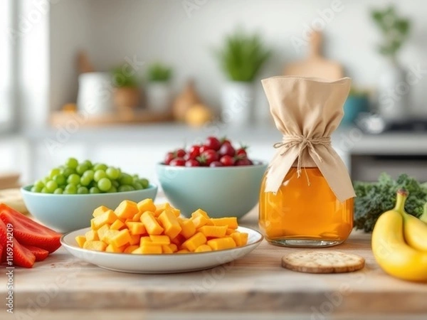 Obraz A close-up view of nutritious snacks like nuts, fruits, and seeds displayed on a kitchen counter, highlighting healthy eating and lifestyle choices