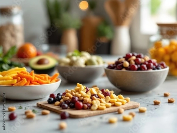 Obraz A close-up view of nutritious snacks like nuts, fruits, and seeds displayed on a kitchen counter, highlighting healthy eating and lifestyle choices