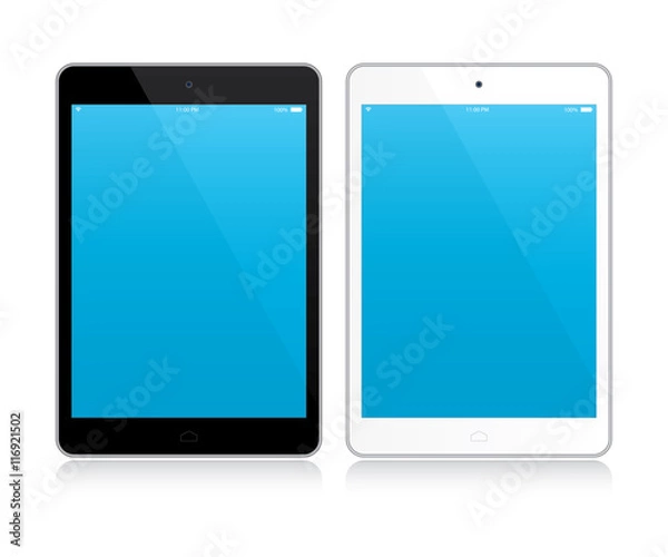 Obraz Black and white tablets with blue screens. Mockup isolated on white. Vector Illustration

