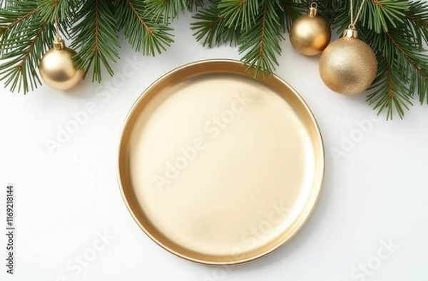 Fototapeta Empty golden plate under Christmas tree, top view, space for text. 
