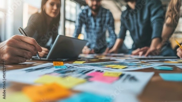 Obraz A group of diverse individuals engaged in a collaborative brainstorming session using colorful sticky notes and sketches to visualize ideas and concepts effectively.
