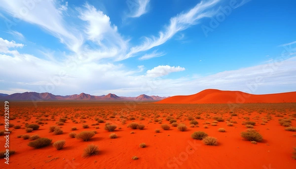 Obraz Australia Day with an expansive outback landscape featuring red desert sand, scattered shrubs, and distant rocky formations